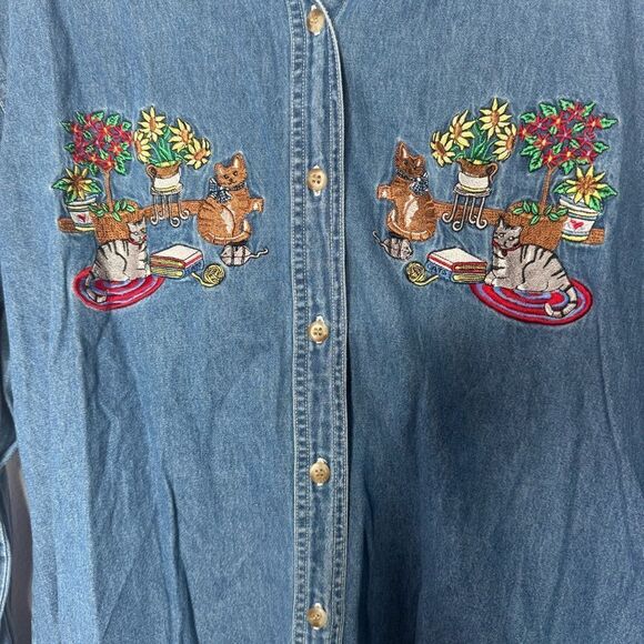 Vintage Bobbie Brook cat embroidery denim shirt size XL - Picture 3 of 5